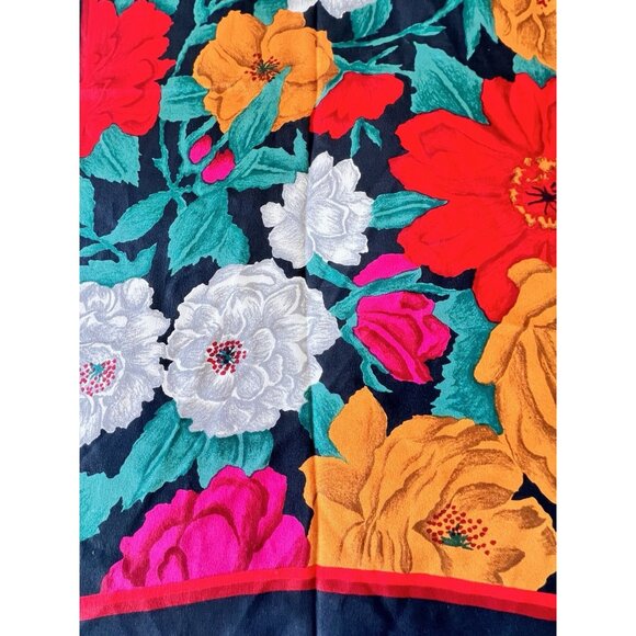 Vintage CORNELIA JAMES SILK Scarf Print Floral Black Red Gold White 30" x 30" - Picture 6 of 7